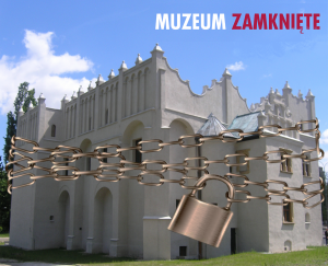 grafika o zamknięciu do 25.04.2021 muzeum, przedstawiająca renesansowy dwór w Pabianicach opasany łańcuchem z kłódką